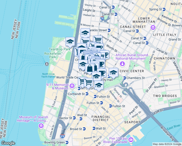 map of restaurants, bars, coffee shops, grocery stores, and more near 56 West Broadway in New York
