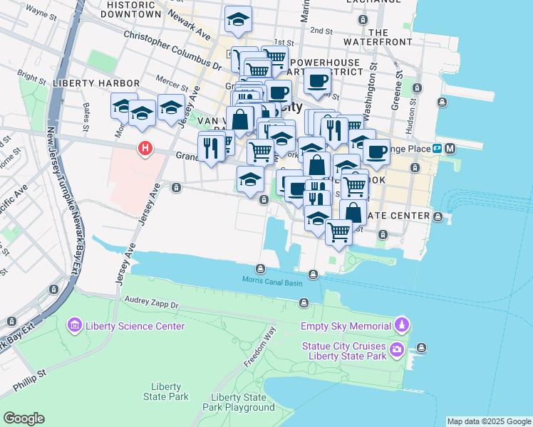 map of restaurants, bars, coffee shops, grocery stores, and more near 201 Marin Boulevard in Jersey City