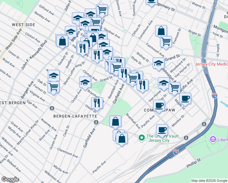 map of restaurants, bars, coffee shops, grocery stores, and more near 347 Randolph Avenue in Jersey City