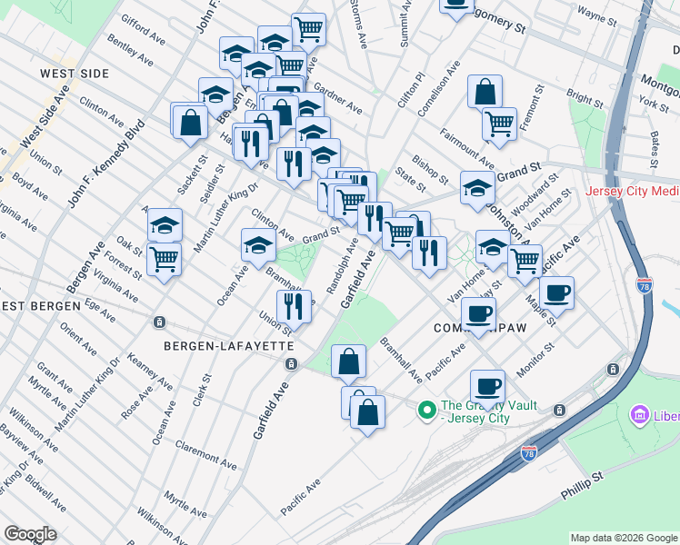 map of restaurants, bars, coffee shops, grocery stores, and more near 347 Randolph Avenue in Jersey City