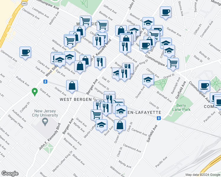 map of restaurants, bars, coffee shops, grocery stores, and more near 82 Oak Street in Jersey City