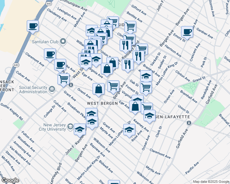 map of restaurants, bars, coffee shops, grocery stores, and more near 173 Virginia Avenue in Jersey City