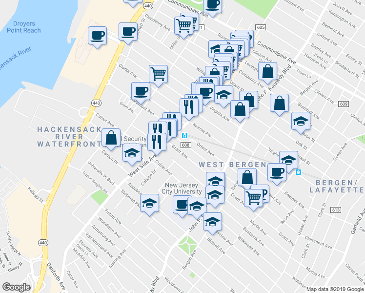 map of restaurants, bars, coffee shops, grocery stores, and more near 346 Claremont Avenue in Jersey City