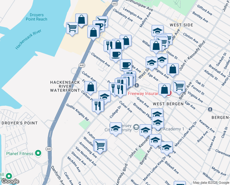 map of restaurants, bars, coffee shops, grocery stores, and more near 43 Pollock Avenue in Jersey City