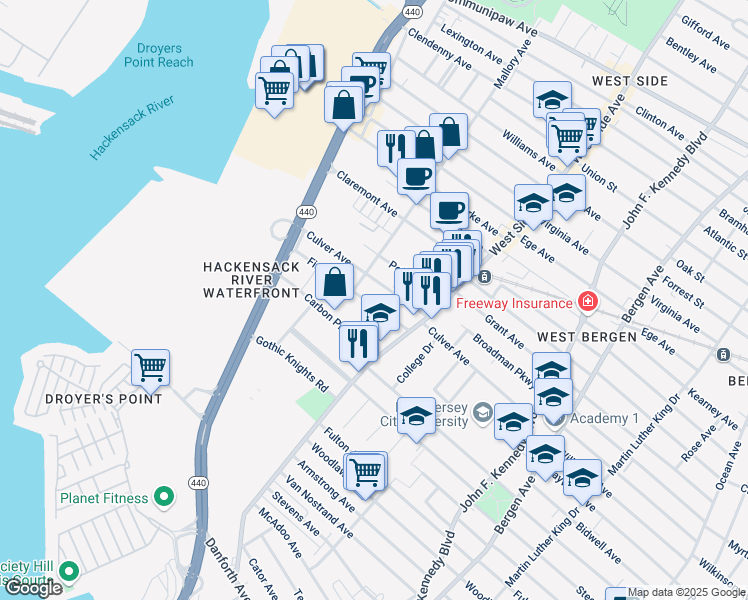 map of restaurants, bars, coffee shops, grocery stores, and more near 211 Culver Avenue in Jersey City