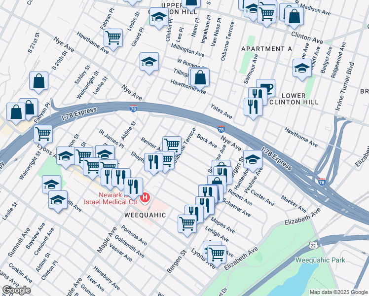 map of restaurants, bars, coffee shops, grocery stores, and more near 88 Huntington Terrace in Newark