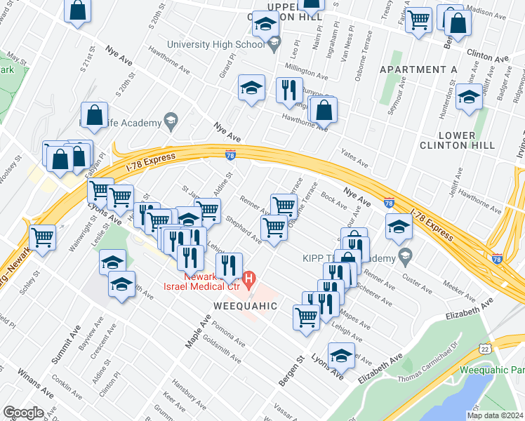 map of restaurants, bars, coffee shops, grocery stores, and more near 95 Schuyler Avenue in Newark