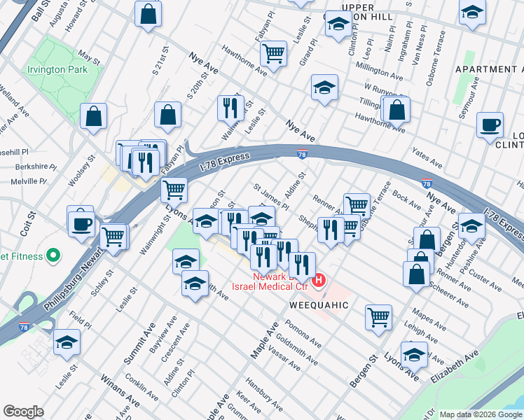 map of restaurants, bars, coffee shops, grocery stores, and more near 38 Willoughby Street in Newark