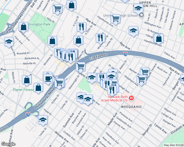 map of restaurants, bars, coffee shops, grocery stores, and more near 275 Leslie Street in Newark