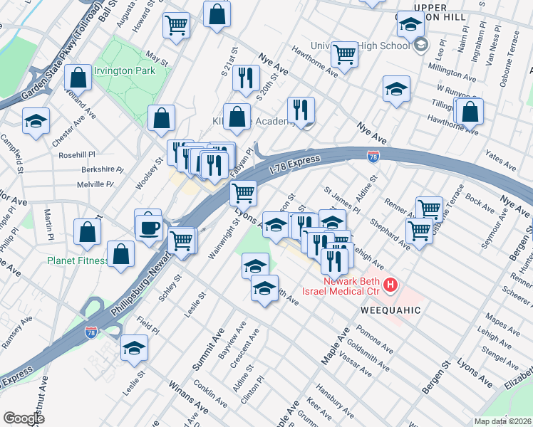 map of restaurants, bars, coffee shops, grocery stores, and more near 275 Leslie Street in Newark