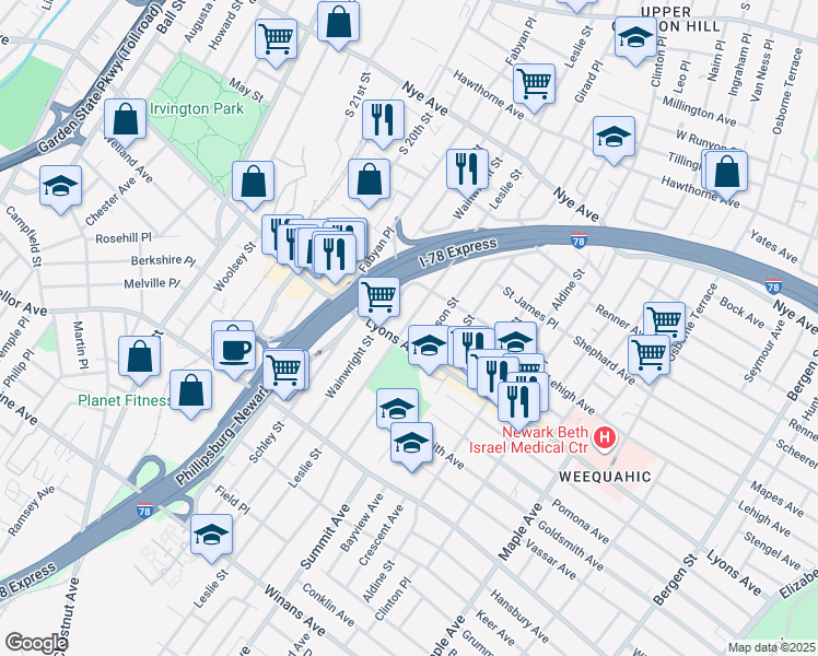map of restaurants, bars, coffee shops, grocery stores, and more near 275 Leslie Street in Newark