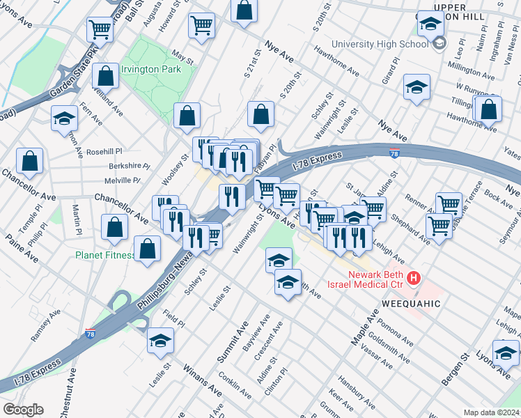 map of restaurants, bars, coffee shops, grocery stores, and more near 195 Wainwright Street in Newark