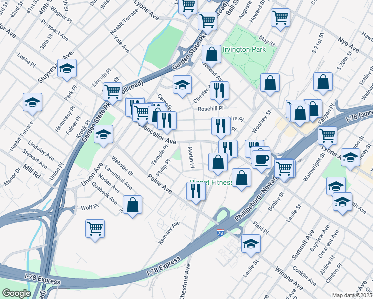 map of restaurants, bars, coffee shops, grocery stores, and more near 625-33 Chancellor Avenue in Irvington