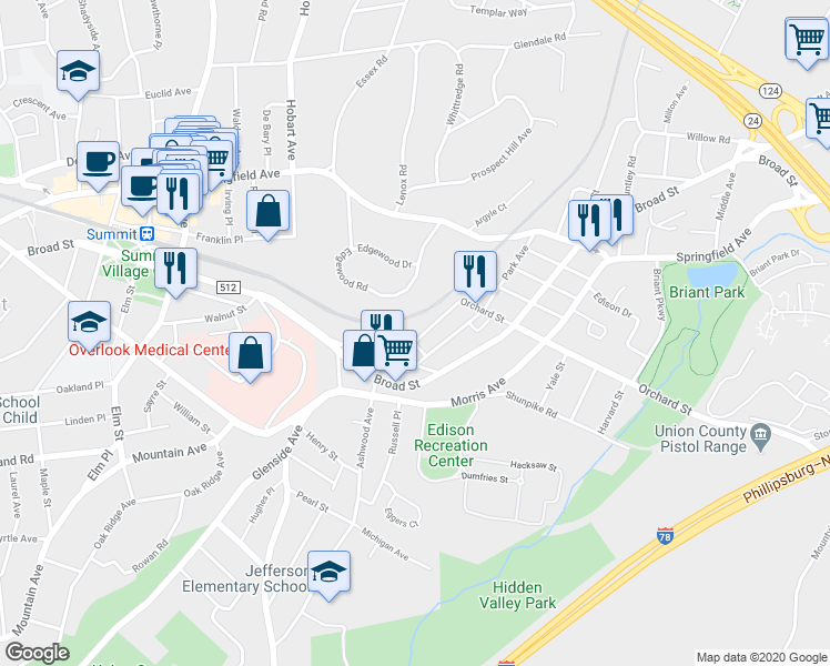 map of restaurants, bars, coffee shops, grocery stores, and more near 45 Edgewood Road in Summit