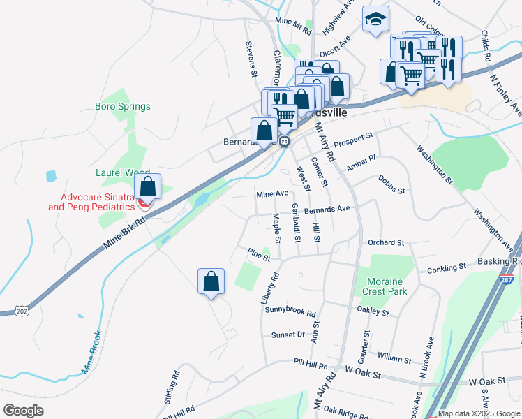 map of restaurants, bars, coffee shops, grocery stores, and more near 21 Mine Avenue in Bernardsville
