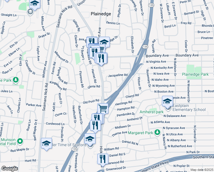 map of restaurants, bars, coffee shops, grocery stores, and more near 4 Gail Drive in Massapequa