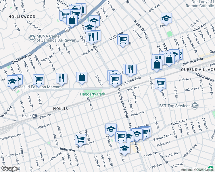 map of restaurants, bars, coffee shops, grocery stores, and more near 204-19 Jamaica Avenue in Queens