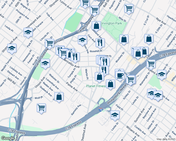 map of restaurants, bars, coffee shops, grocery stores, and more near 625-33 Chancellor Avenue in Irvington