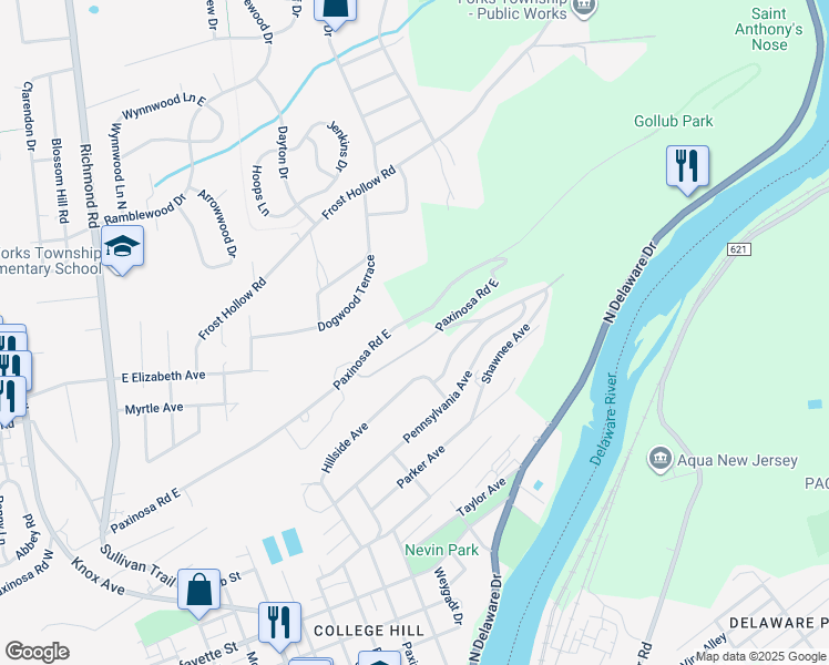 map of restaurants, bars, coffee shops, grocery stores, and more near 523 Paxinosa Road East in Easton