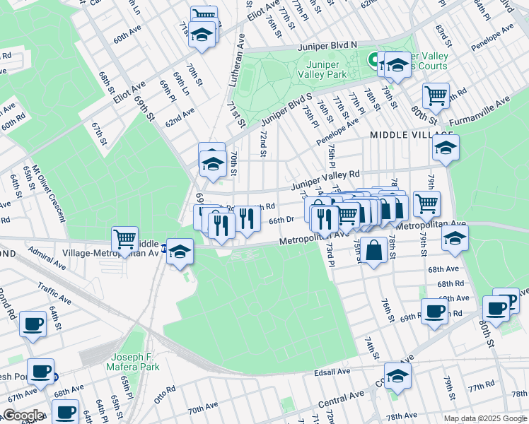 map of restaurants, bars, coffee shops, grocery stores, and more near 7126 66th Road in Queens