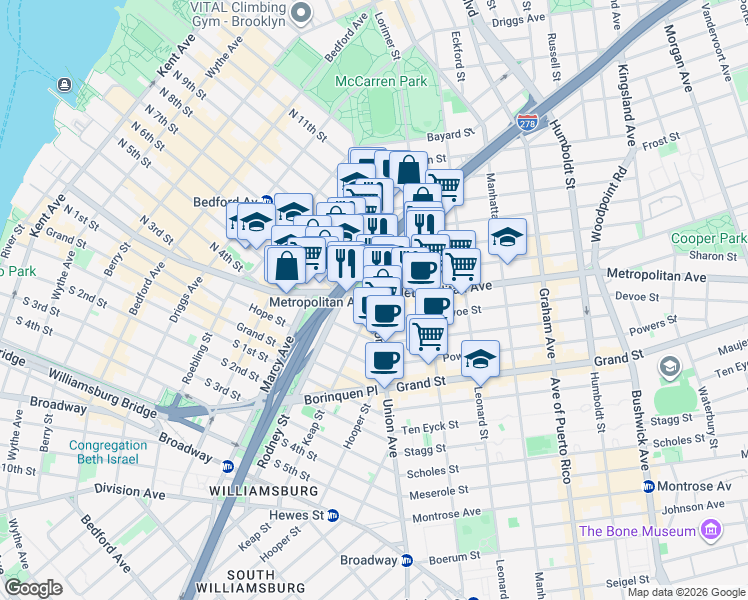 map of restaurants, bars, coffee shops, grocery stores, and more near Union Avenue & Keap Street in Brooklyn