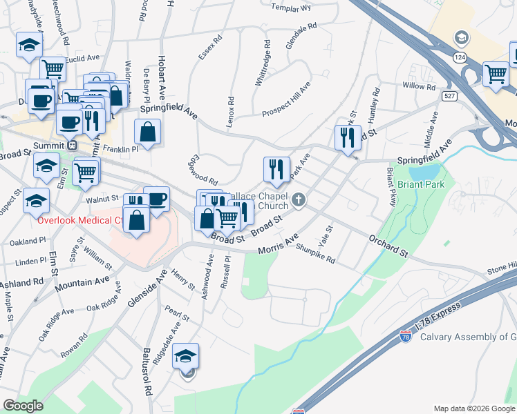 map of restaurants, bars, coffee shops, grocery stores, and more near 41 Orchard Street in Summit
