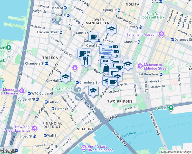 map of restaurants, bars, coffee shops, grocery stores, and more near 500 Pearl Street in New York