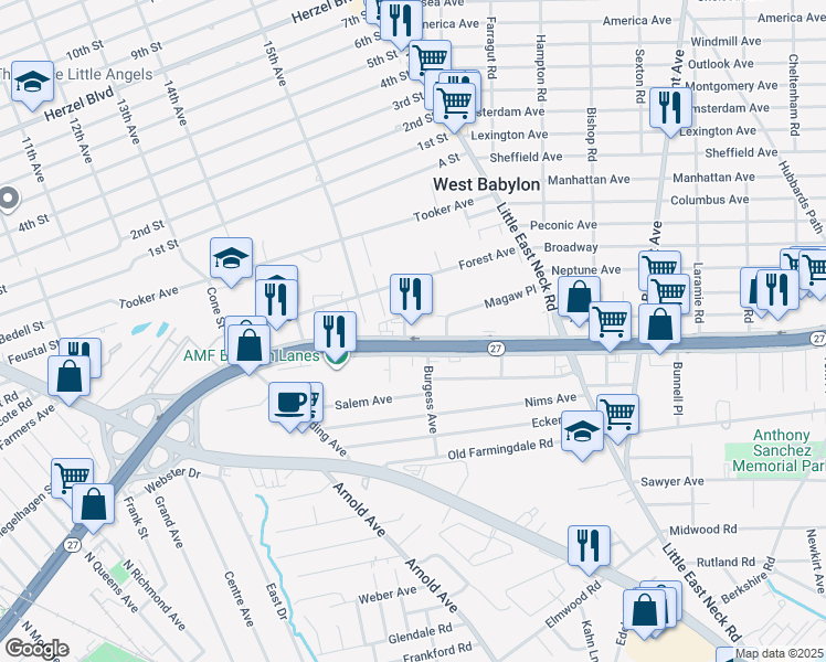 map of restaurants, bars, coffee shops, grocery stores, and more near 8 Cindy Drive in West Babylon