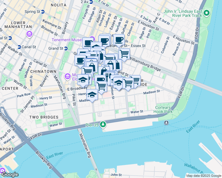 map of restaurants, bars, coffee shops, grocery stores, and more near 212 East Broadway in New York