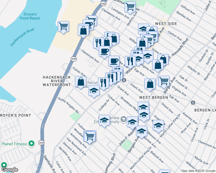 map of restaurants, bars, coffee shops, grocery stores, and more near 315 Grant Avenue in Jersey City