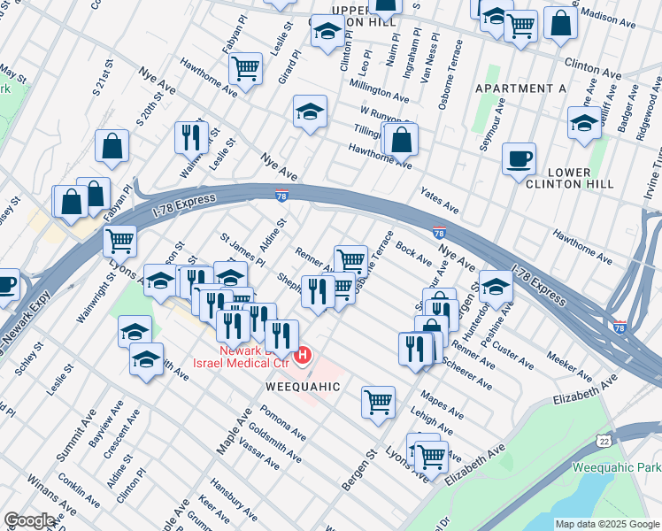 map of restaurants, bars, coffee shops, grocery stores, and more near 110 Schuyler Avenue in Newark