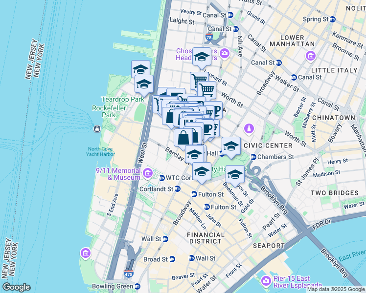 map of restaurants, bars, coffee shops, grocery stores, and more near 66 West Broadway in New York