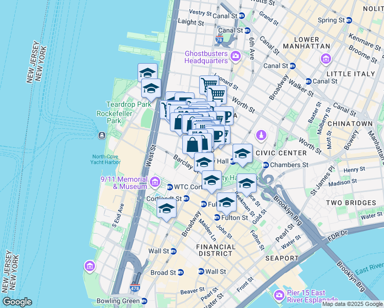 map of restaurants, bars, coffee shops, grocery stores, and more near 66 West Broadway in New York