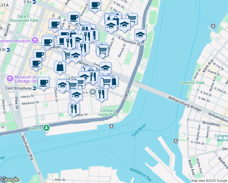 map of restaurants, bars, coffee shops, grocery stores, and more near 570 Grand Street in New York