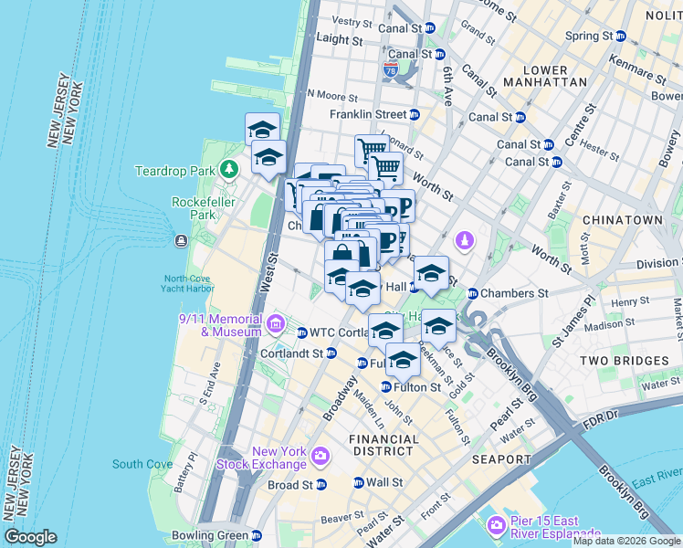 map of restaurants, bars, coffee shops, grocery stores, and more near 53 Park Place in New York