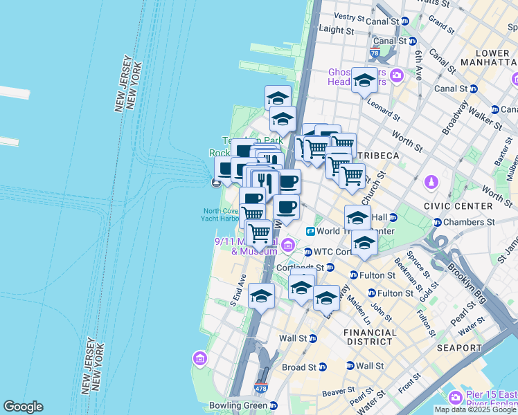 map of restaurants, bars, coffee shops, grocery stores, and more near 200 Vesey Street in New York