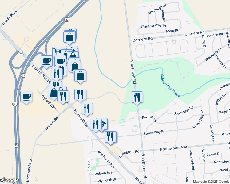 map of restaurants, bars, coffee shops, grocery stores, and more near 3630 Corriere Road in Easton