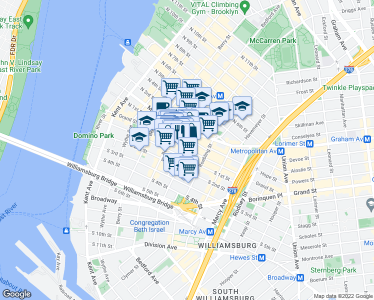 map of restaurants, bars, coffee shops, grocery stores, and more near 697 Driggs Avenue in Brooklyn