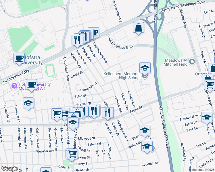 map of restaurants, bars, coffee shops, grocery stores, and more near 1213 Warwick Street in Uniondale