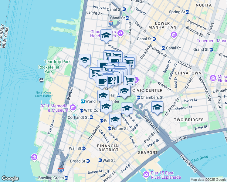 map of restaurants, bars, coffee shops, grocery stores, and more near 277 Broadway in New York