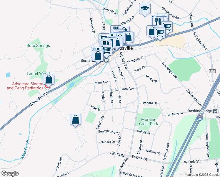 map of restaurants, bars, coffee shops, grocery stores, and more near 39 Bernards Avenue in Bernardsville