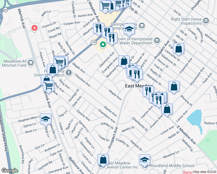 map of restaurants, bars, coffee shops, grocery stores, and more near 317 Maple Avenue in East Meadow