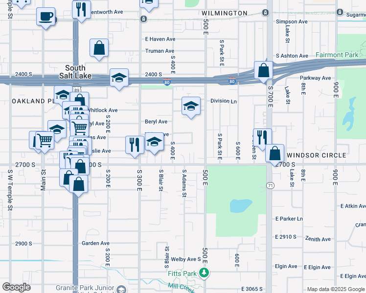 map of restaurants, bars, coffee shops, grocery stores, and more near 420 Vidas Avenue in Salt Lake City