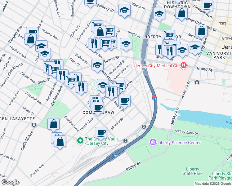 map of restaurants, bars, coffee shops, grocery stores, and more near 390 Halladay Street in Jersey City