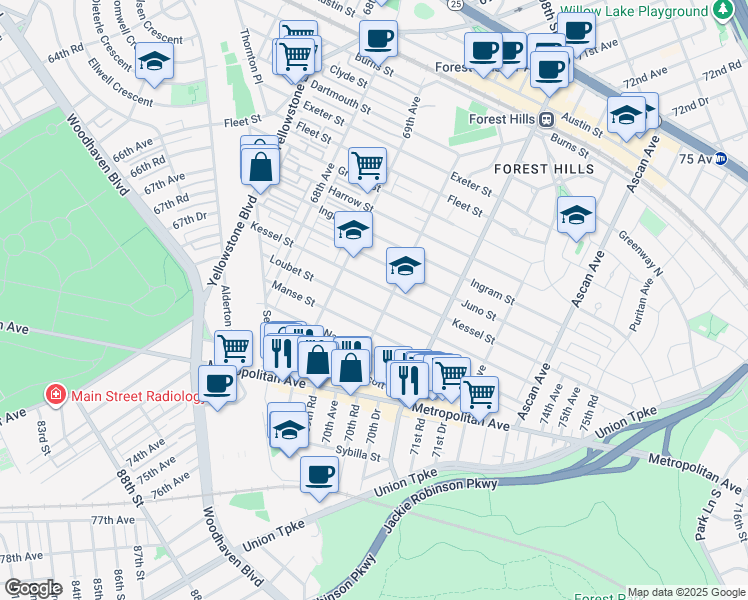 map of restaurants, bars, coffee shops, grocery stores, and more near 69-24 Kessel Street in Queens