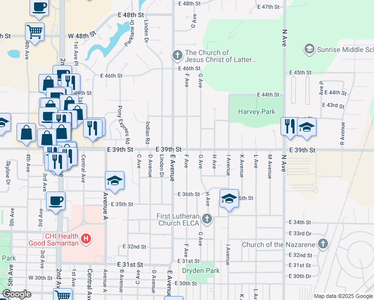 map of restaurants, bars, coffee shops, grocery stores, and more near 3898 F Ave in Kearney