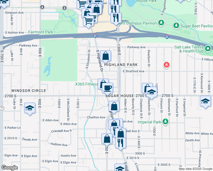 map of restaurants, bars, coffee shops, grocery stores, and more near 2669 South Highland Drive in Salt Lake City