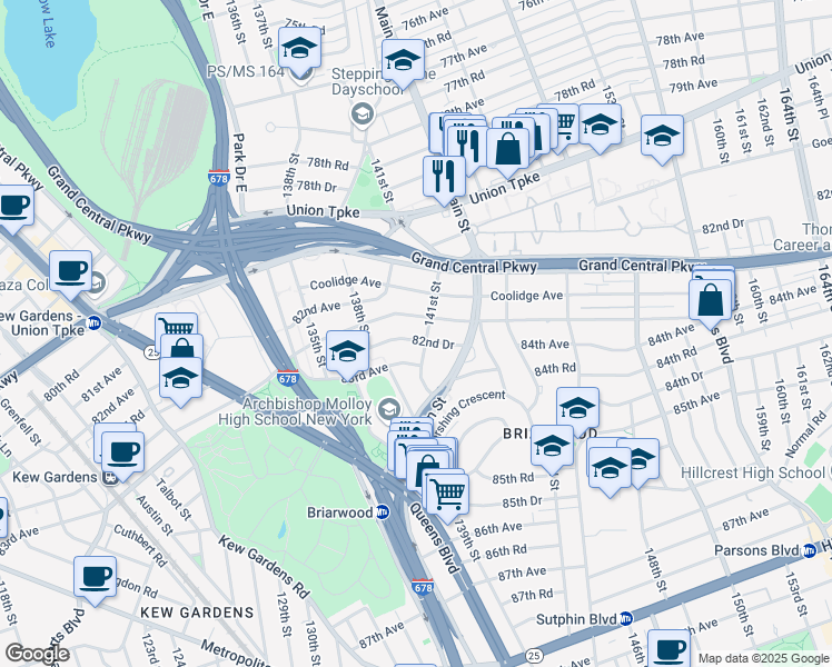 map of restaurants, bars, coffee shops, grocery stores, and more near 138-47 82nd Drive in Queens
