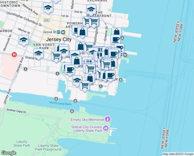map of restaurants, bars, coffee shops, grocery stores, and more near 77 Sussex Street in Jersey City