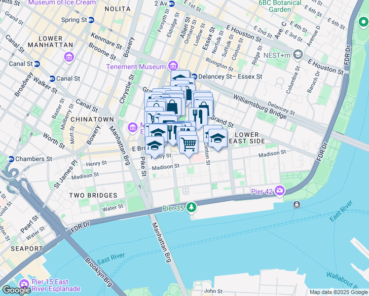 map of restaurants, bars, coffee shops, grocery stores, and more near 188 East Broadway in New York